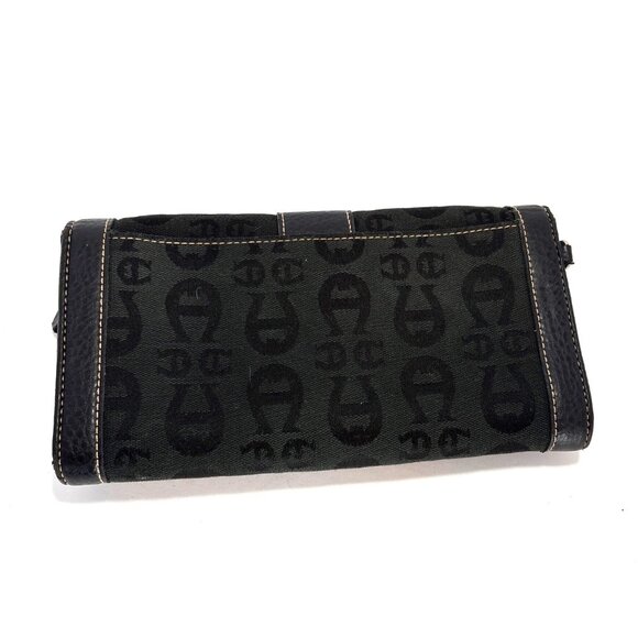 Black Etienne Aigner Monogram Canvas & Leather Wallet Clutch Buckle Closure - Picture 2 of 7